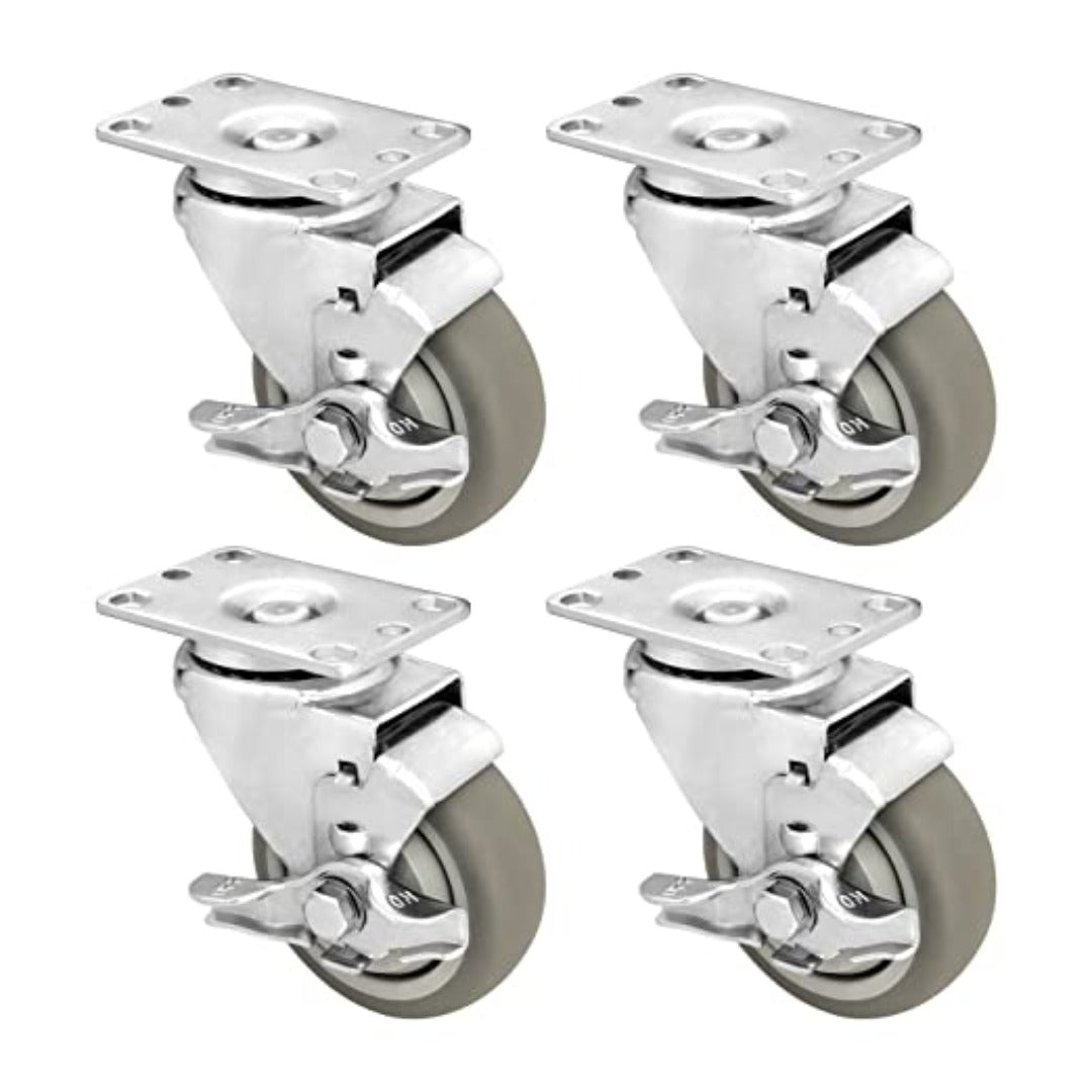 4-Pack 3" Thermoplastic Heavy-Duty Gray Rubber Swivel Plate Casters with Brakes - 1000 lbs Total Capacity