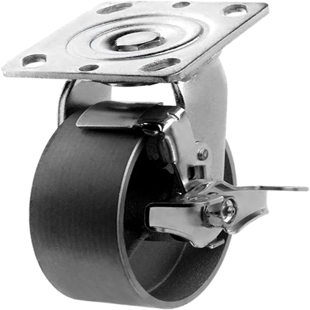 Heavy Duty 5" Steel Cast Iron Wheel Plate Caster with 1000 lbs Capacity, Top Plate and Swivel Brake - 2" Extra Width Tread, Silver Finish