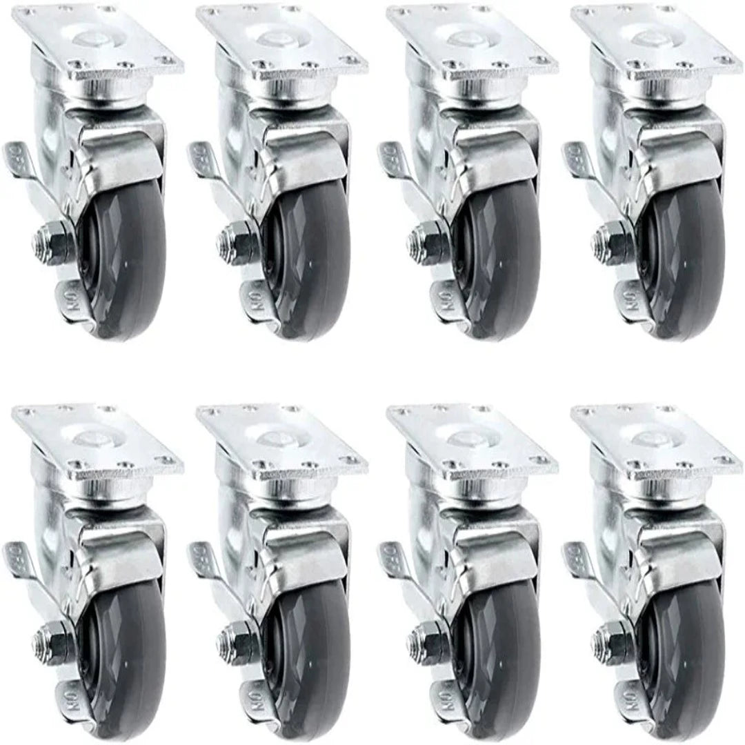  3" 8 Pack Plate Caster Gray Polyurethane Wheel Top Annular Plate Swivel Caster, Top Plate Caster, 2400 lbs Total Capacity (3 inches Pack of 8, 8 Swivel w/Brakes)