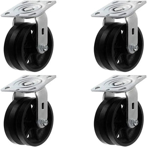 6" 4 Pack Plate Caster, Heavy Duty Cast Iron V-Groove Wheel Caster Top Plate Caster Extra Width 2 inches 3200lbs Total Capacity (6 inches Pack of 4, 4 Swivels)