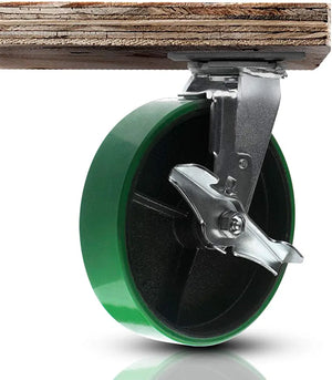 Heavy Duty 8" Plate Casters - 4 Pack - 5000 lbs Total Capacity - Polyurethane Mold on Steel Wheel - 2" Extra Width - 4 Swivel (2 with Brakes) - Green