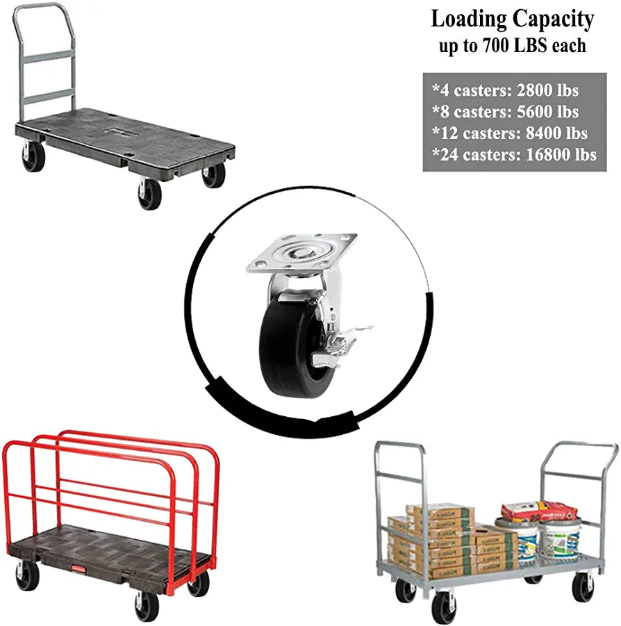 Heavy Duty 5" Plate Casters, 4 Pack with Polyolefin Wheels - 2800 lbs Total Capacity (2 Swivel with Brakes & 2 Rigid), Top Plate Caster with 2" Extra Width
