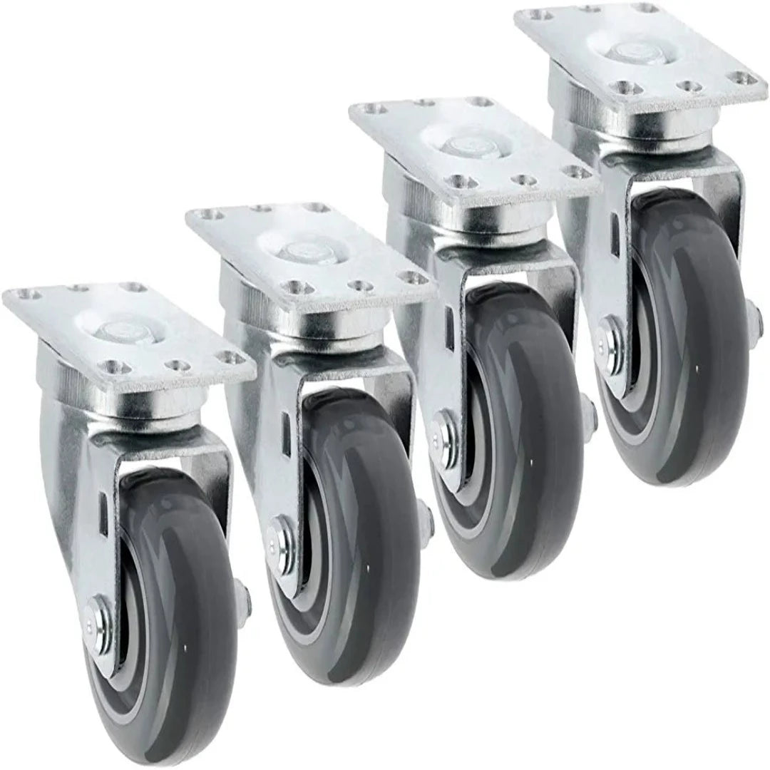 Set of 4 Swivel Casters with 3" Gray Polyurethane Wheels - Total Capacity of 1200 lbs - Top Plate Mounting
