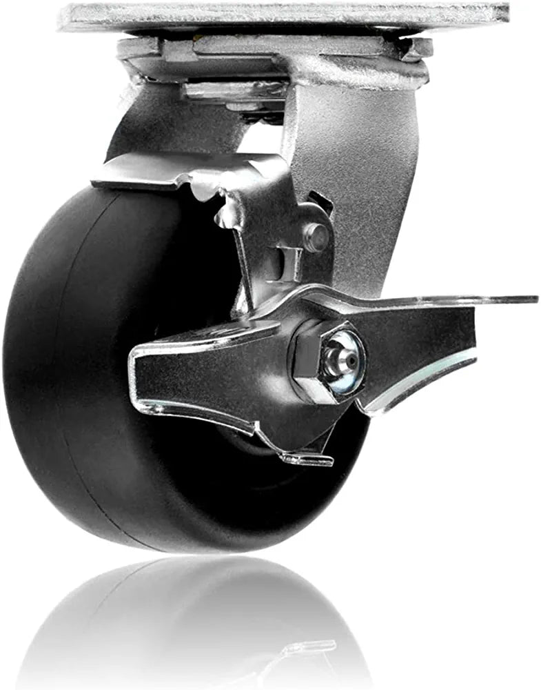 Medium Heavy Duty 4" Plate Caster - 2 Pack Swivel with Brake, 1300 lbs Capacity, Polyolefin Wheel, Top Plate Extra Width 2 inches