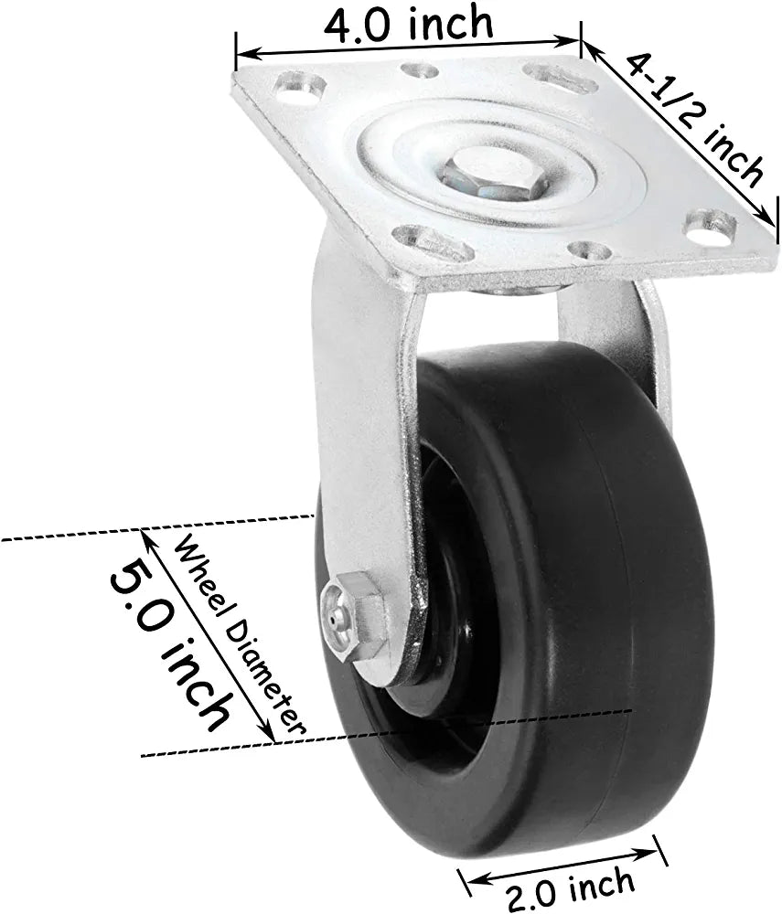 Heavy Duty 5" Plate Casters, 4 Pack with Polyolefin Wheels - 2800 lbs Total Capacity (2 Swivel with Brakes & 2 Rigid), Top Plate Caster with 2" Extra Width