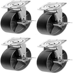 8" Heavy Duty Steel Cast Iron Plate Caster - 4 Pack with 5200lbs Capacity, 2-inch Extra Width, Top Plate, Swivel with Brake, Silver
