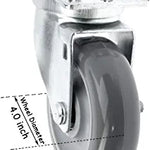 4" Gray Polyurethane Wheel Caster Set - 1320 lbs Total Capacity, Pack of 4 (2 with Brake), Top Plate Mounting