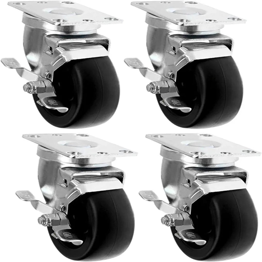 4 Pack 4" Swivel Caster with Polyolefin Black Rubber Top and Brake, Top Plate Caster with 1400 lbs Total Capacity