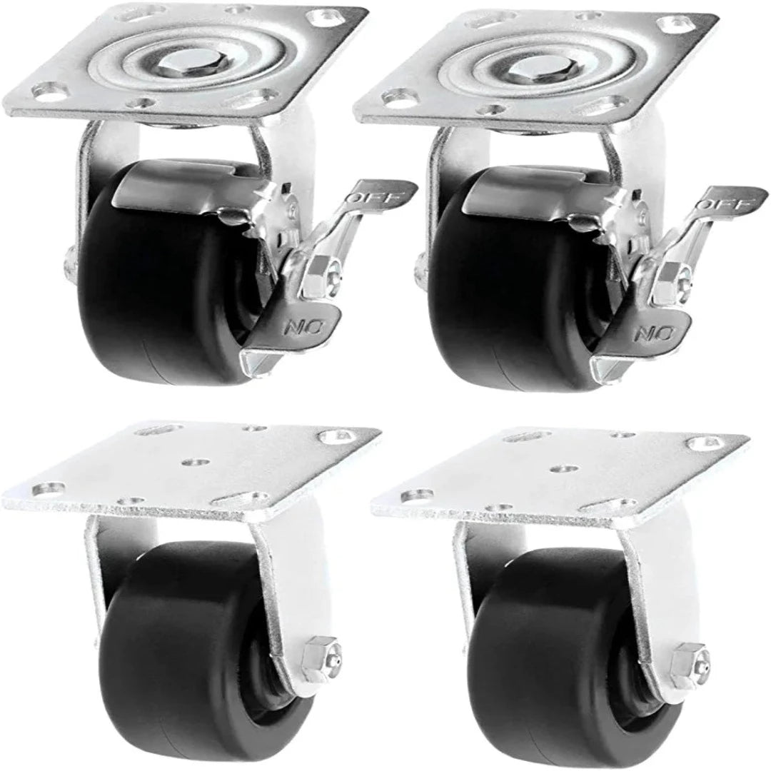 4" 4-Pack Medium Heavy Duty Plate Caster Set with Polyolefin Wheel, 2600 lbs Total Capacity, Extra Wide Top Plate, 2 Swivel with Brakes and 2 Rigid Casters (Pack of 4)