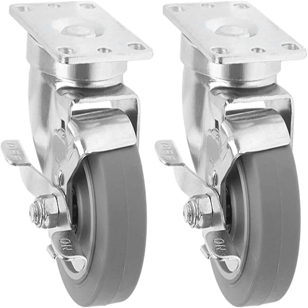 2 Pack Heavy Duty 3.5" Plate Casters with Swivel and Brake - 600 lbs Total Capacity - Thermoplastic Rubber - Gray