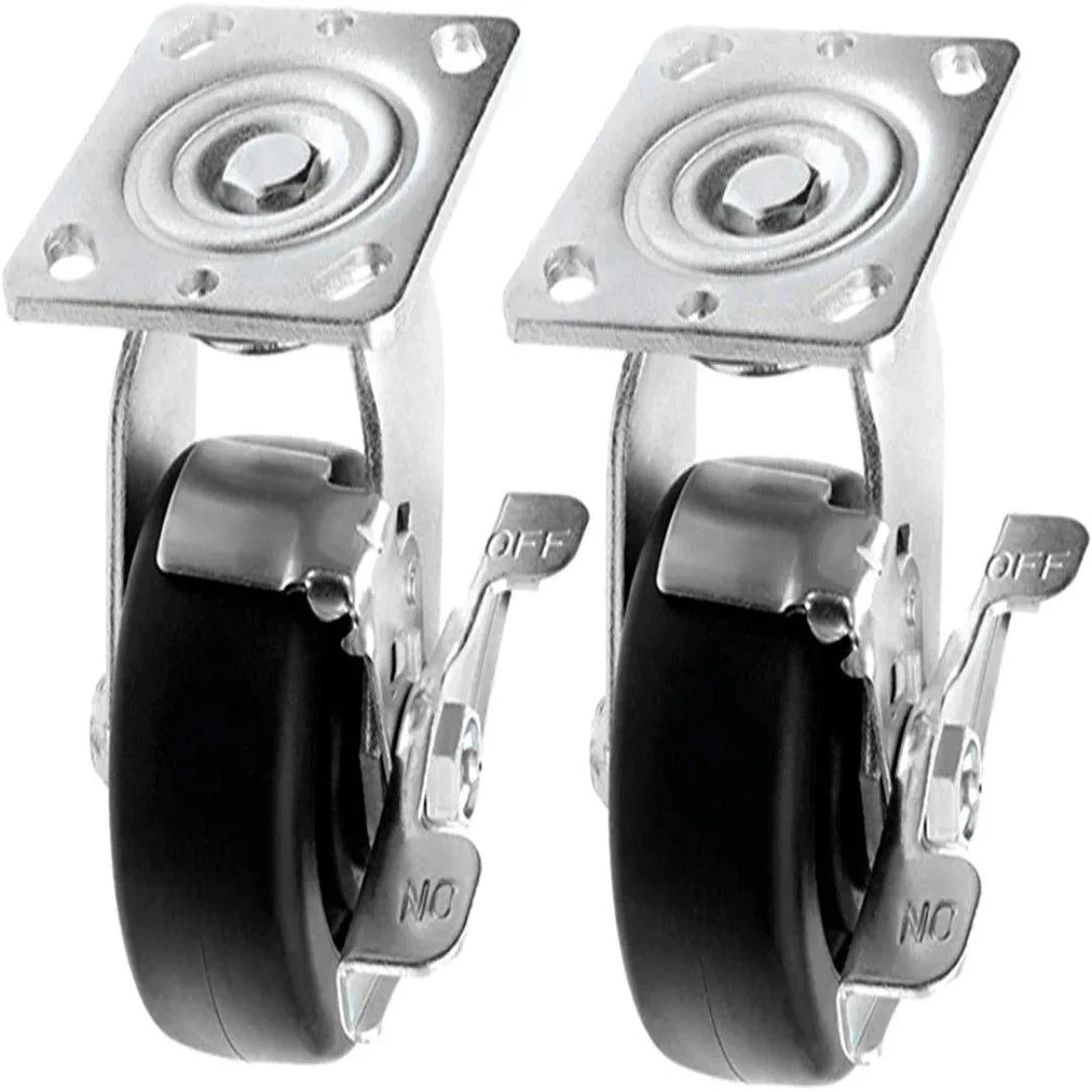 Medium Heavy Duty 4" Plate Caster - 2 Pack Swivel with Brake, 1300 lbs Capacity, Polyolefin Wheel, Top Plate Extra Width 2 inches