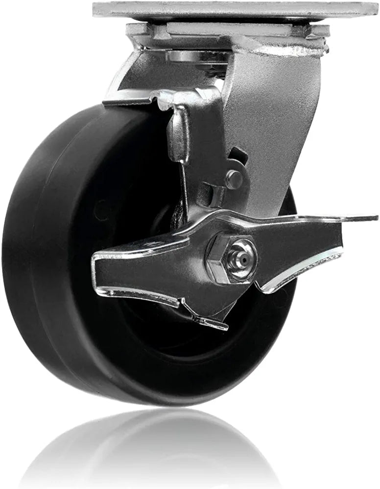 Heavy Duty 5" Plate Caster with Brake, Swivel and Polyolefin Wheel - 2 Pack, 1400 lbs Total Capacity (Extra Wide 2 inch Top Plate)