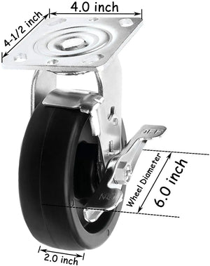 6" Heavy Duty Plate Casters - 4 Pack, 3200 lbs Total Capacity, Polyolefin Wheel, with 4 Swivel and 2w / Brake Functionality