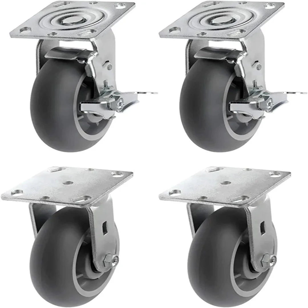 Heavy Duty 6" Plate Caster Set - Pack of 4 - 1800 lbs Capacity - Swivel w/Brakes & Rigid - Crowned Thermoplastic Rubber - Top Plate for Versatile Use