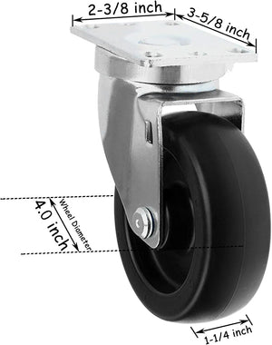4" Swivel Caster with 700 lbs Total Capacity - Pack of 2, Polyolefin Black Rubber Top Plain Plate for Smooth Movement