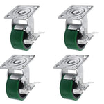 Heavy Duty Polyurethane Swivel Caster Set with Brake and Top Plate - Set of 4 (4", 5", 6", 8" Sizes) - Green (4 Swivel with Brake)