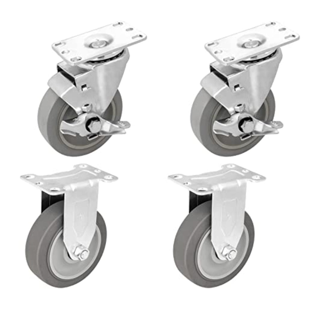 4" 4 Pack Plate Caster, Rubber Gray Swivel Rigid Caster, Top Plate Caster,1440 lbs Total Capacity (4 inches Pack of 4, 2 Swivel w/Brakes & 2 Rigid)