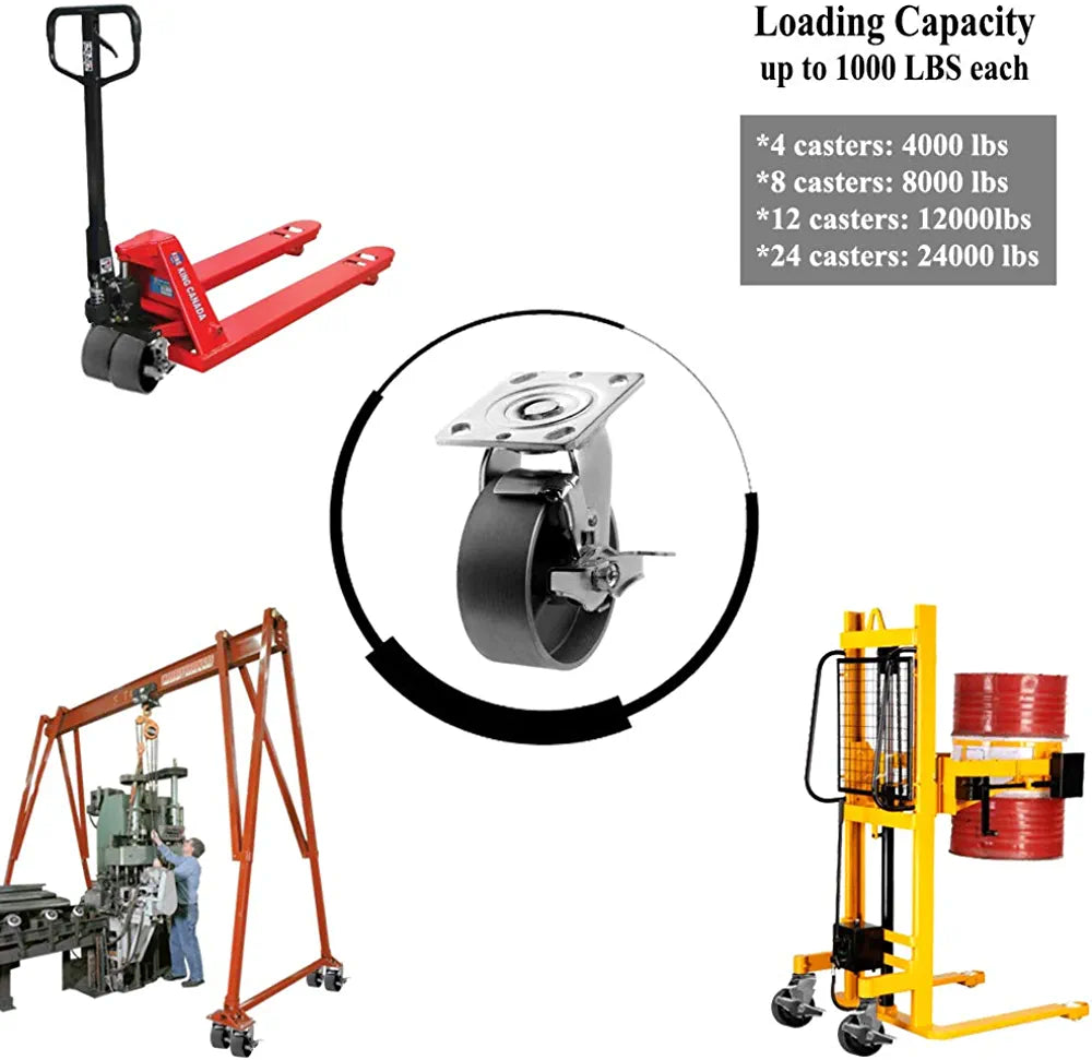 5" Heavy Duty Plate Casters - Pack of 4, 4000 lbs Total Capacity, Silver Swivel Casters with Brakes and Rigid Caster