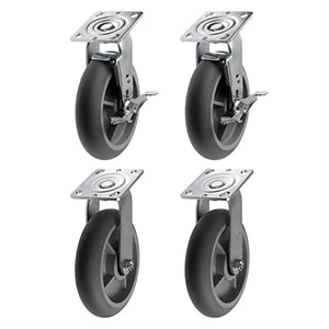 8" Heavy Duty Rubber Plate Casters - Pack of 4 with 2400lbs Total Capacity, Swivel Casters with Brakes - Ideal for Industrial Equipment and Material Handling