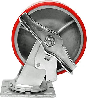 Premium Heavy Duty 6" Plate Casters with 4800lbs Capacity - Pack of 4 (4 Swivels w/Brake) - Durable Polyurethane Wheels on Steel Frame - Extra Wide 2" Top Plate - Red Color