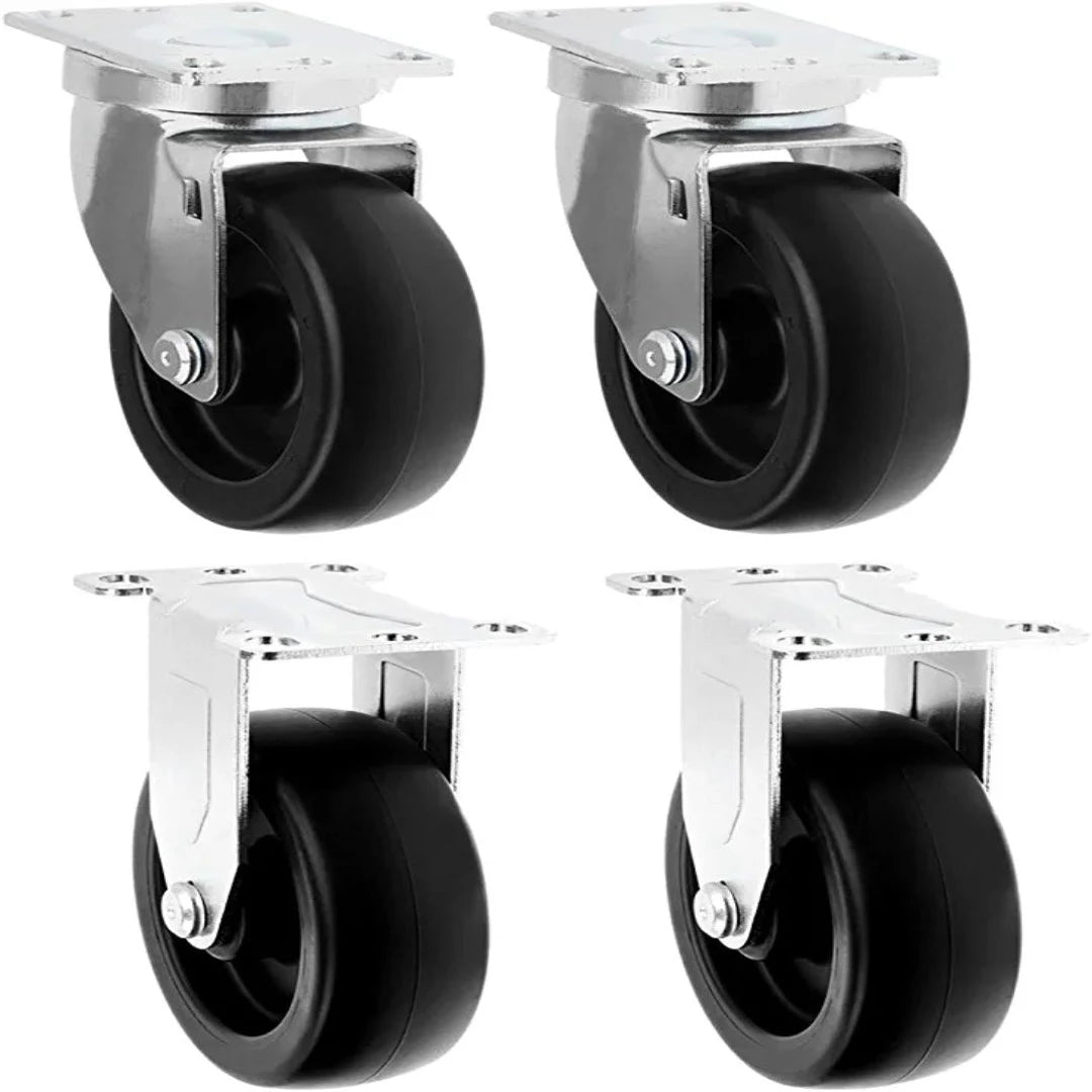 4-Pack 4" Caster Wheels w/ Polyolefin Black Rubber Top Plate - 1320 lbs Total Capacity (2 Swivel & 2 Rigid) - Ideal for Food/Bakery, Hotel, Material Handling Equipment & More