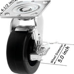 Set of 4 Heavy Duty 5-inch Plate Casters with Polyolefin Wheels, 2800 lbs Total Capacity, Swivel with 2 Brakes