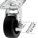 Heavy Duty Plate Casters - 5" Polyolefin Wheel, 2800 lbs Total Capacity - Pack of 4 (2 Swivel & 2 Rigid), Extra Width Top Plate Caster
