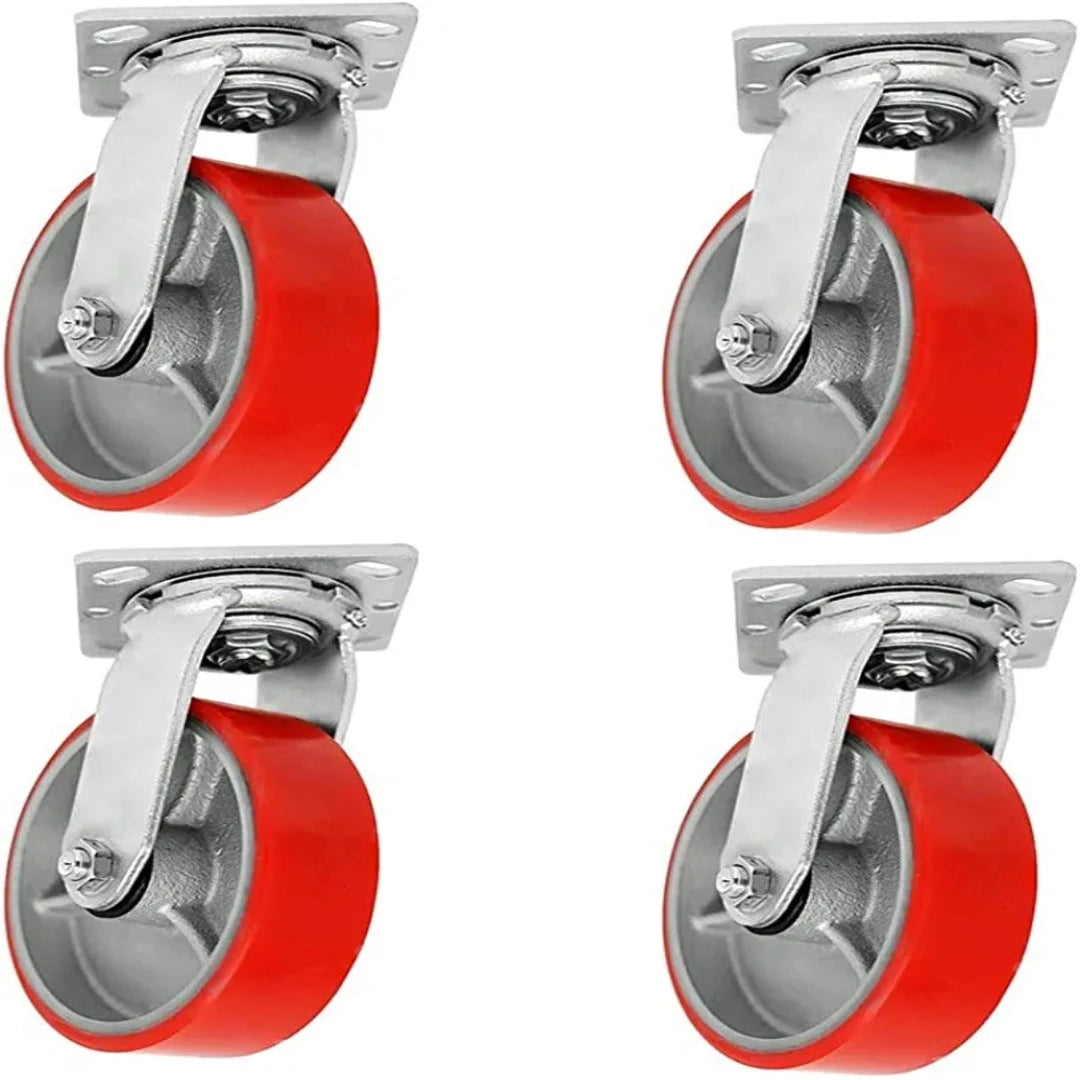 4-Pack 5" Plate Casters, Heavy Duty Polyurethane Mold on Steel Wheels, 2" Extra Width, 4000lbs Total Capacity, Red (4 Swivel)