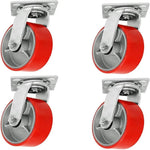 4-Pack 5" Plate Casters, Heavy Duty Polyurethane Mold on Steel Wheels, 2" Extra Width, 4000lbs Total Capacity, Red (4 Swivel)