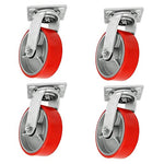 4" Heavy-Duty Plate Casters, 4-Pack with Polyurethane Molded Steel Wheels, 2" Extra Width, 3000lbs Capacity, Red Swivel (4 Pack)