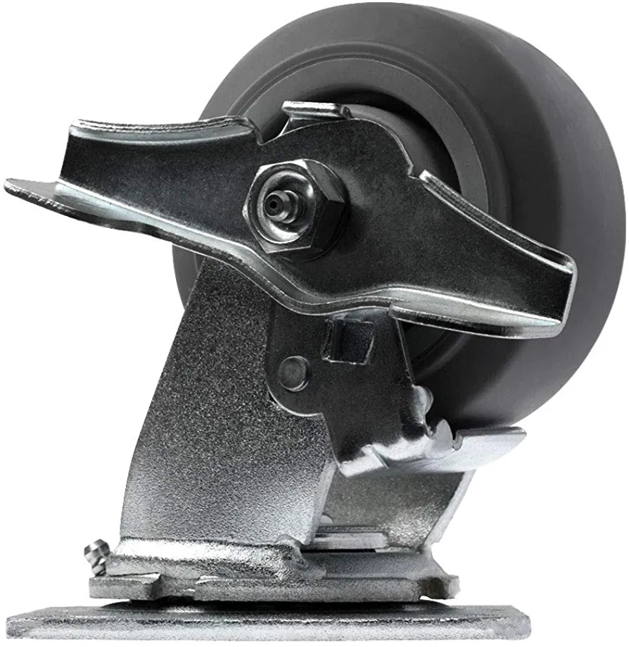 Heavy Duty 4 Inch Rubber Plate Casters - 4 Pack with 2 Brakes, 1400 lbs Total Capacity - Thermoplastic Swivel Caster Set