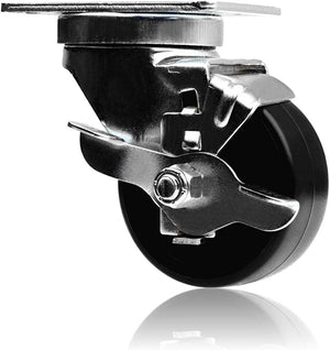 Set of 2 Swivel Casters with Brakes, 3-inch Polyolefin Wheels and 660 lbs Total Capacity, Top Plate Mounting for Industrial Equipment