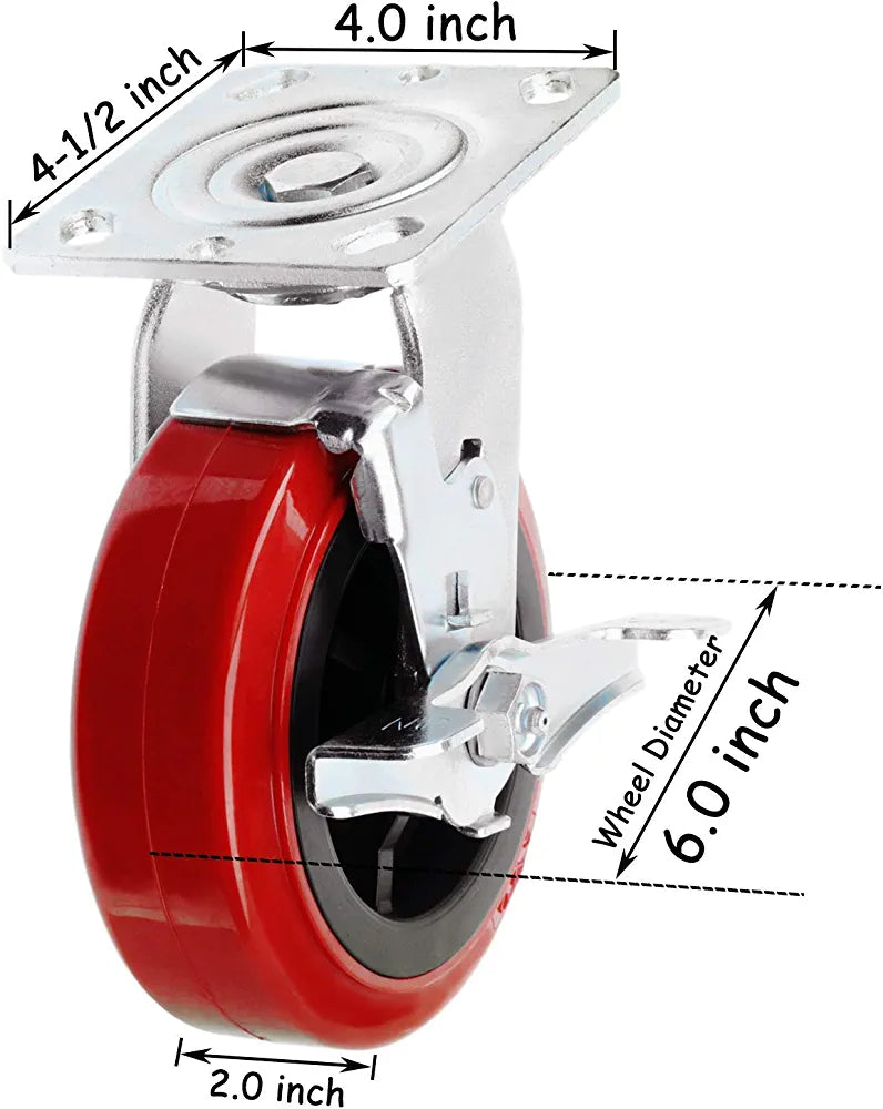 6" 2-Pack Plate Casters with Polyolefin/Polyurethane Wheels, Extra-Wide 2" Top Plate Caster with 1800 lbs Total Capacity - Red/Black Swivel Casters with Brakes (Pack of 2)