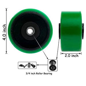 Heavy Duty Polyurethane Mold on Steel Wheel Plate Casters (4" 2-Pack) - 1400 lbs Total Capacity, Green Swivel with Brake, Extra Width 2 inches Top Plate Caster