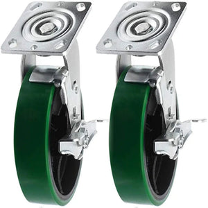 Heavy Duty 6" Polyurethane Steel Plate Casters - 2 Pack Green Swivel with Brake - 2400 lbs Total Capacity