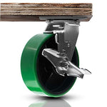 Pack of 4 Polyurethane Plate Casters with Steel Wheels, 6 Inches Diameter and 4800 lbs Capacity, Green Color, 2 Swivel Casters with Brakes and 2 Rigid Casters, Extra 2 Inches Width on Top Plate