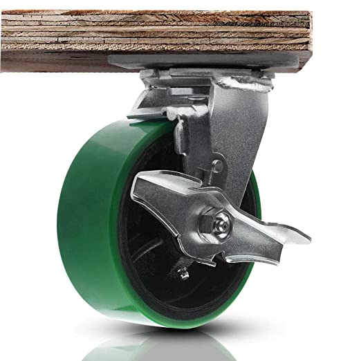 High-Capacity 5-Inch Plate Casters: 2-Pack of Heavy-Duty Polyurethane Molded Steel Wheels with Extra 2-Inch Width, 2000 lbs Total Capacity, Swivel with Brake, Green