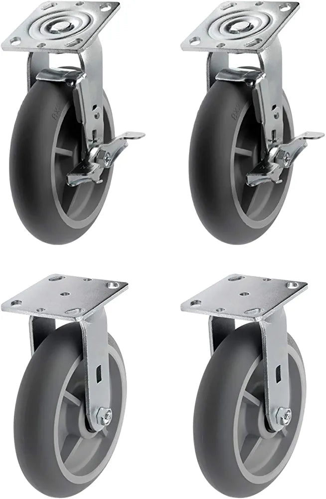 8" Heavy Duty Rubber Plate Casters - Pack of 4 with 2400lbs Total Capacity, Swivel Casters with Brakes - Ideal for Industrial Equipment and Material Handling