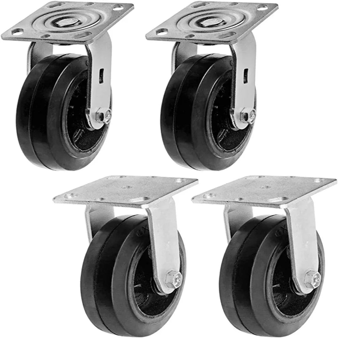 Heavy Duty 6" Plate Caster Set - 4 Pack (2 Swivel & 2 Rigid) with 2400 lbs Total Capacity - Rubber Mold on Steel Wheel Caster w/Top Plate, 2 inches Extra Width