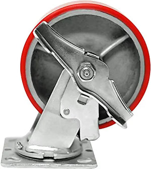 6" Heavy Duty Plate Casters - Pack of 4 with Swivel and Brake, 4800lbs Capacity, Polyurethane Mold on Steel Wheel