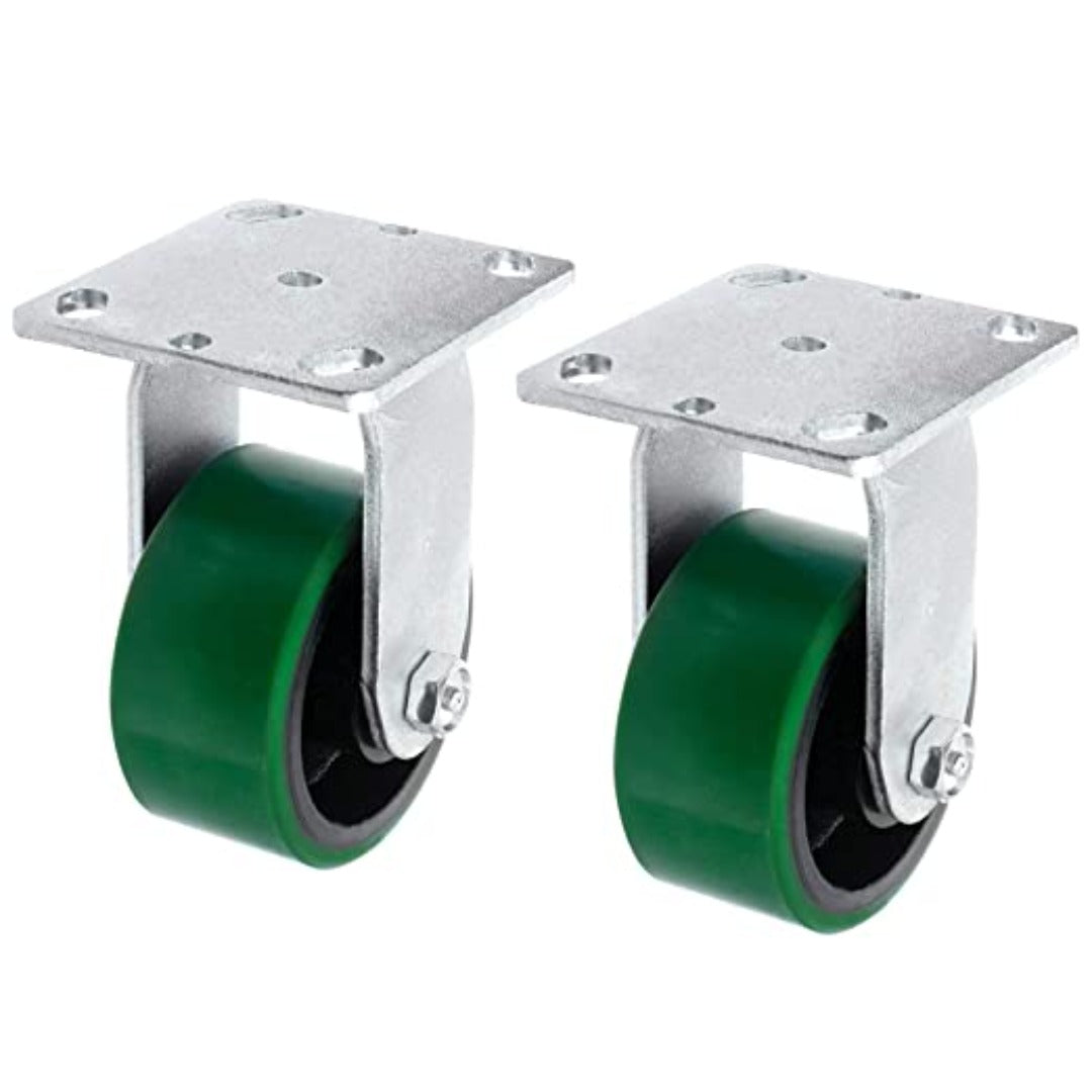 4" 2 Pack Plate Caster, Heavy Duty Polyurethane Mold on Steel Wheel w/Top Plate Caster Extra Width 2 inches 1400 lbs Total Capacity (4 inches Pack of 2, Green Rigid)