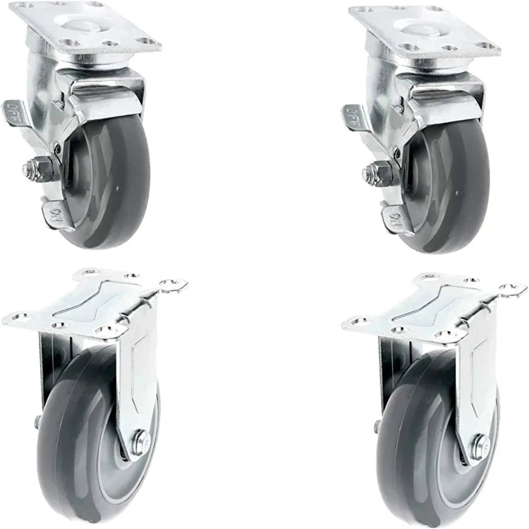 Heavy Duty 4" Caster Set - 1320lbs Total Capacity, Gray Polyurethane Wheels, Top Plate Annular Plate, Pack of 4 (2 Swivel with Brakes, 2 Rigid)