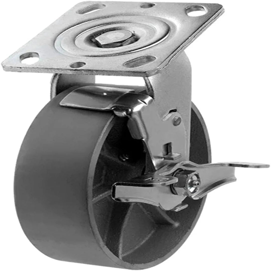 Heavy Duty 6" Plate Caster with Steel Cast Iron Wheel, Top Plate Caster, Extra 2" Width, 1200 lbs Total Capacity, Silver Swivel with Brake