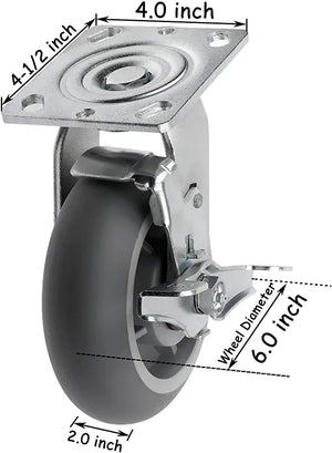 6" 2 Pack Plate Caster, Crowned Thermoplastic Heavy Duty Rubber Gray Swivel Caster, Top Plate Casters, 900 lbs Total Capacity (6 inches Pack of 2, Swivel w/Brake)