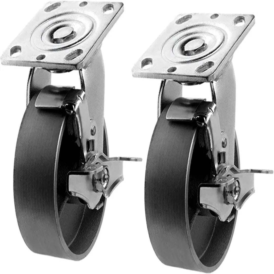 5" Heavy Duty Plate Casters with 2" Width and 2000 lbs Capacity - Pack of 2 Silver Swivel Casters with Brake