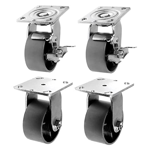 4-Pack Heavy Duty Plate Casters with 2-Inch Extra Width, 2800 lbs Total Capacity, Steel Cast Iron Wheel, Top Plate, Silver Finish - Includes 2 Swivel Casters with Brakes and 2 Rigid Casters