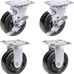 5-Inch Heavy Duty Plate Casters - 4 Pack with 4000 lbs Total Capacity, Phenolic Wheels, 2-Inch Width, 4 Swivel with Brake - Ideal for Industrial Use