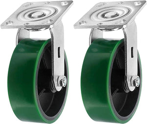 6" 4 Pack Plate Caster, Heavy Duty Polyurethane Mold on Steel Wheel w/Top Plate Caster Extra Width 2 inches 4800 lbs Total Capacity (6 inches Pack of 4, Green, 2 Swivel + 2 Rigid)