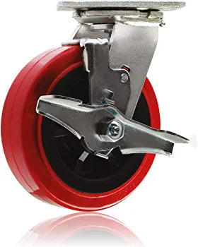 6" 2-Pack Plate Casters with Polyolefin/Polyurethane Wheels, Extra-Wide 2" Top Plate Caster with 1800 lbs Total Capacity - Red/Black Swivel Casters with Brakes (Pack of 2)