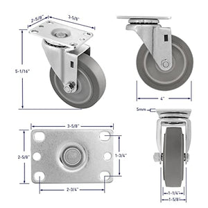 4" 4 Pack Plate Caster, Rubber Gray Swivel Rigid Caster, Top Plate Caster, 1440 lbs Total Capacity (4 inches Pack of 4, 2 Swivel & 2 Rigid)